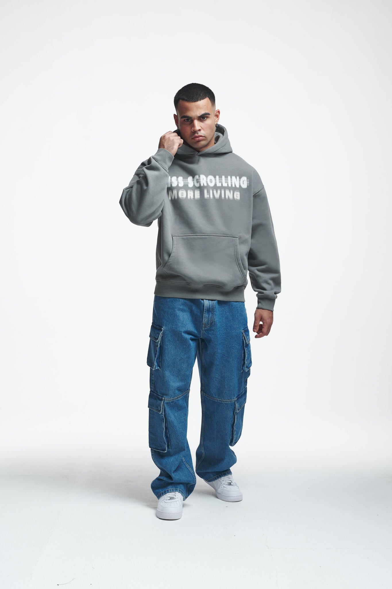 Less Scrolling Oversize Hoodie Washed Grey
