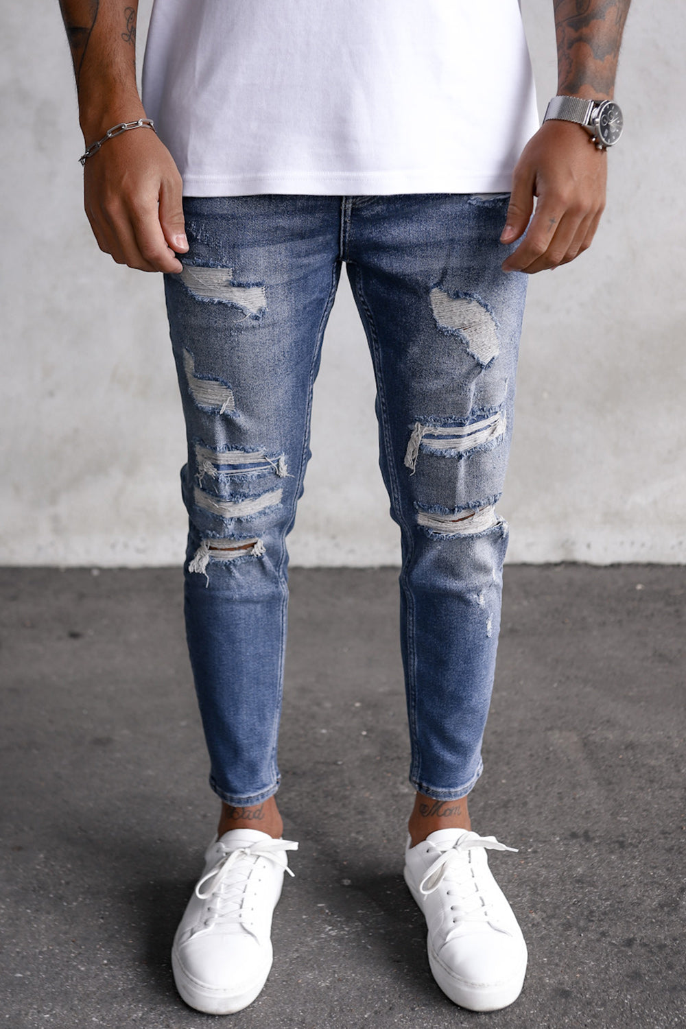 Destroyed Skinny Cropped Denim i0054 Blue