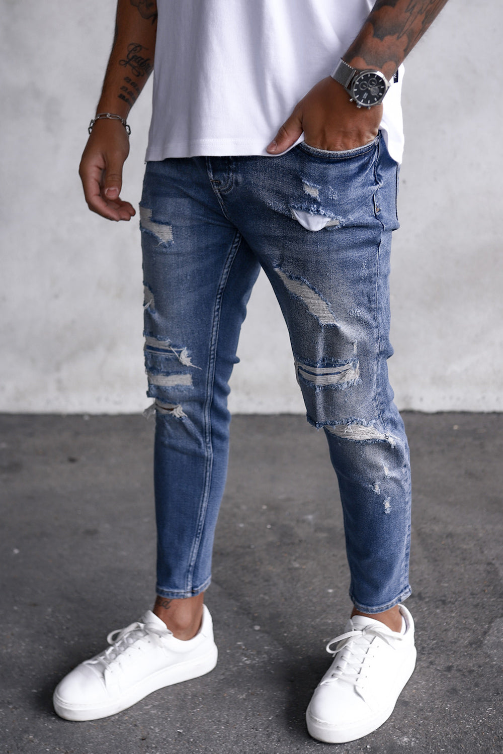 Destroyed Skinny Cropped Denim i0054 Blue