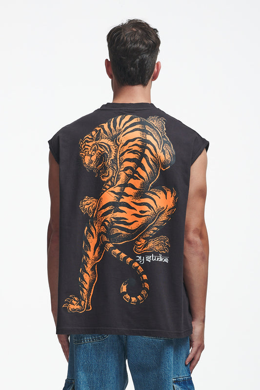 Tiger Oversize Sleeveless Shirt Washed Black