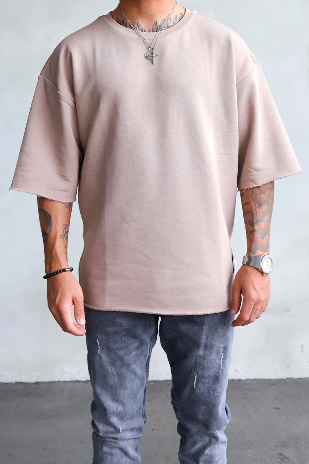 Oversized Cropped T-Shirt T-6049-1 Beige
